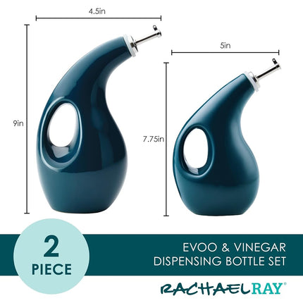 Rachael Ray Serveware Ceramic EVOO Oil and Vinegar Dispensing Bottle Set, 2 Piece, Teal