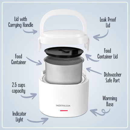 Lunch Box Chauffante Électrique Portable Nostalgia 20 oz – Taille Voyage 2,5 Tasses pour Soupe, Chili et Restes – Couvercle Hermétique en Silicone Anti-Fuite, Poignée de Transport Pliable, Cordon Amovible – Blanc