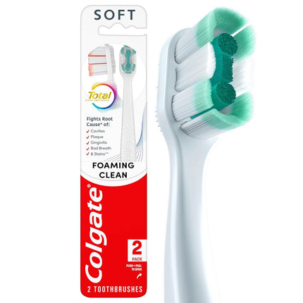 Colgate Total Active Prevention Foaming Clean Soft Toothbrushes, Soft Bristle Toothbrush Pack for Plaque Removal, Helps Reach Deeper Along The Gumline and Between Teeth, White, 2 Pack
