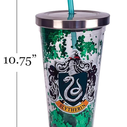 Spoontiques 21316 Slytherin Glitter Cup w/Straw, 20 Ounces, Green