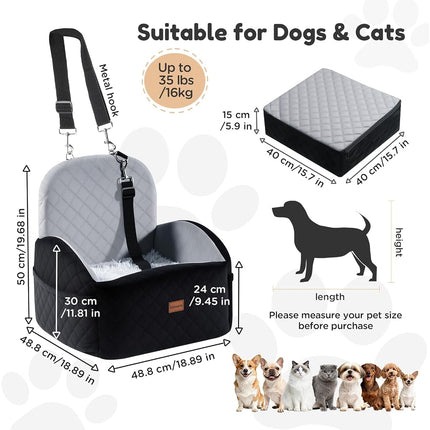 Gimars Reversible Dog Car Seat with Long & Short Plush Seat Cushion for Small/Medium Dogs Up to 18kg, Detachable Washable Anti-Slip Dog Booster Seat with15cm 28D Egg-Crate Foam, Safety Belt, S