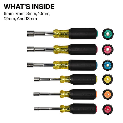 Klein Tools 65456MAGM Metric Magnetic Color-Coded Hollow-Shaft Nut Driver Set, 6-Piece, Heavy-Duty, Color-Coded Hex Sizes 6mm to 13mm, Cushion-Grip Handles, 6-Piece