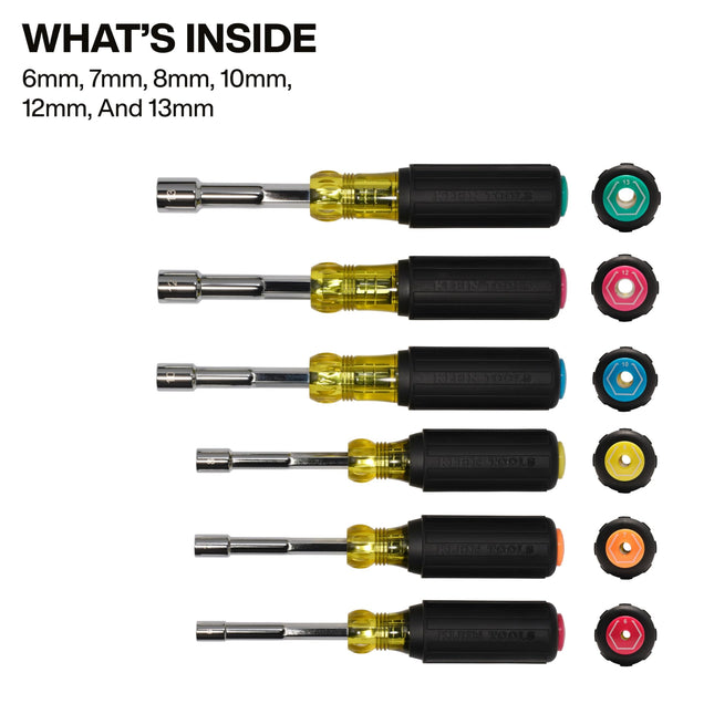 Klein Tools 65456MAGM Metric Magnetic Color-Coded Hollow-Shaft Nut Driver Set, 6-Piece, Heavy-Duty, Color-Coded Hex Sizes 6mm to 13mm, Cushion-Grip Handles, 6-Piece