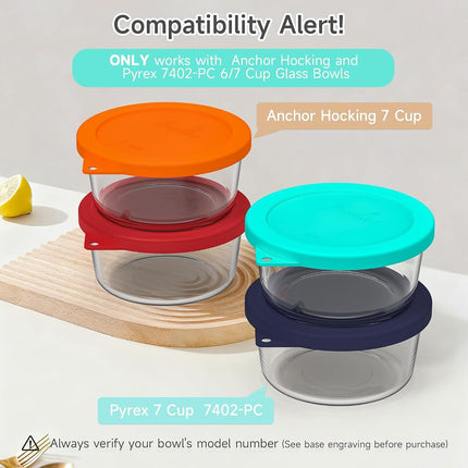 Sophico Round Silicone Storage Cover Lids Replacement for Anchor Hocking and Pyrex 7402-PC 6/7 Cup Glass Bowls (Container not Included)(Mint - 2 pack)