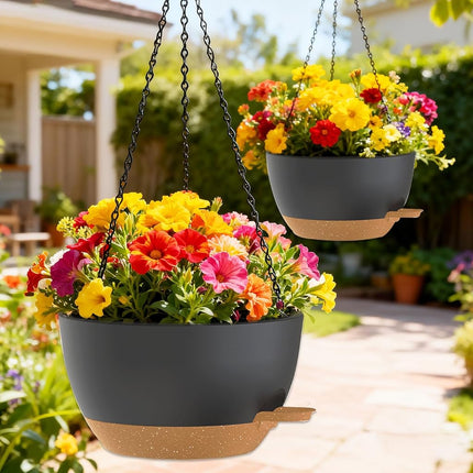 SQKH 10 Inch Hanging Baskets 2 PC with Chains, Self-Watering Hanging Planters for Indoor Outdoor Plants, Plastic Hanging Flower Pots,Black Brown