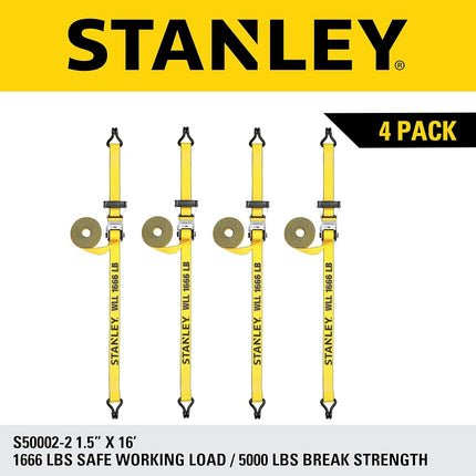 STANLEY S50002-2 Black/Yellow 1.5" x 16' Heavy-Duty Ratchet Straps (5,000 lb Break Strength), 4 Pack