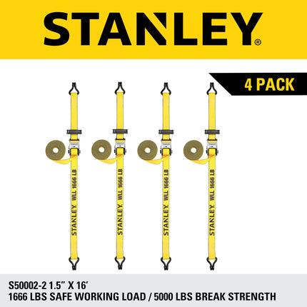 STANLEY S50002-2 Black/Yellow 1.5" x 16' Heavy-Duty Ratchet Straps (5,000 lb Break Strength), 4 Pack
