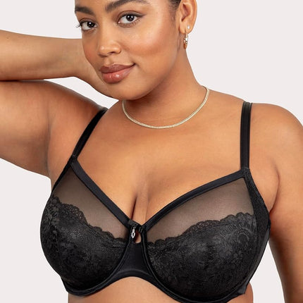 Curvy Couture Women's Plus Size Luxe Lace Underwire Bra, Black Hue, 34E