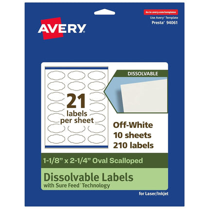 Avery Sure Feed Dissolvable Oval Labels with Sure Feed Technology, 1-1/8" x 2-1/4", Matte White, Edge Printing, Compatible with Laser and Inkjet Printers, 210