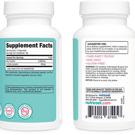 Nutricost Myo Inositol & D-Chiro Inositol for Women, 2000mg Myo & 50mg D-Chiro Inositol Per Serving, 30 Servings, 120 Capsules, Vegetarian Friendly, Non-GMO & Gluten Free