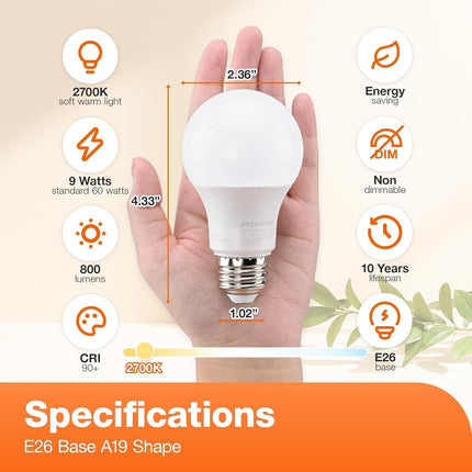 Bombilla LED Sylvania A19, equivalente a 60 W, eficiente 9 W, compatible con CEC, 10 años, no regulable, 2700 K, 800 lúmenes, 90 CRI, blanco suave - paquete de 24 (el paquete puede variar)