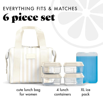 Fit & Fresh Neoprene Lunch Bag For Women, Insulated Womens Lunch Bag For Work, Tear & Stain Resistant Large Lunch Box For Women With Containers and Ice, Machine Washable Remi Bag, Ivory Stripe