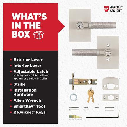 Kwikset Prava Entry Door Knurled Handle with Lock and Key, Secure Keyed Reversible Lever Exterior, for Front Entrance and Bedrooms, Satin Nickel, Pick Resistant Smartkey Rekey Security and Microban