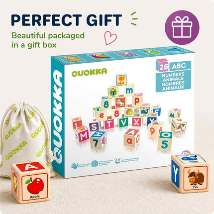 QUOKKA Wooden Blocks for Toddlers 1-3 - Cartoon 26 ABC Learning Baby Blocks for Kids 3-5-Year-Olds Stacking Alphabet Wood Toys for 2-4 yo - Educational with Letters Numbers