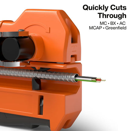 Klein Tools 63625 MC Cable Cutter, Cuts Up to 3/8-Inch Armored Cable (BX, AC, MC, MCAP, Greenfield), Spring Loaded Handle with Storage, Tool-Free Blade Replacement