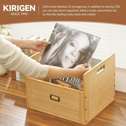 KIRIGEN Wooden Vinyl Record Storage Crate Box , Holds 80 LP Albums, Natural