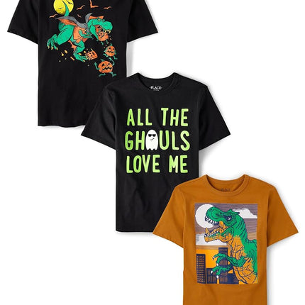 The Children's Place Boys' All Holidays Short Sleeve Graphic T-Shirts,multipacks, Ghouls/Halloween Dino/Dino City 3-Pack, Small