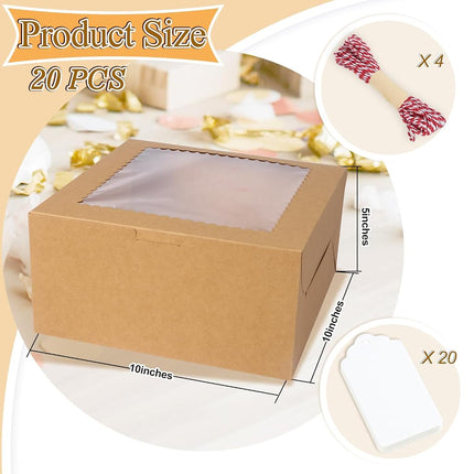 DOYIDE 20Pcs 10 Inch Cake Boxes with Window, 10x10x5 Inches Brown Bakery Boxes, Cake Carrier Container for Pastries, Pie, Cookies, Chocolates, Cupcakes, Birthday Party, Wedding