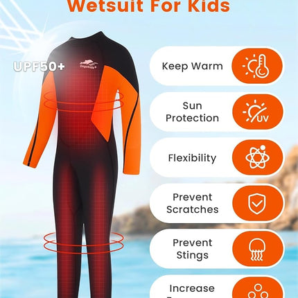 Gogokids Wetsuit Kids, Children 2.5mm Neoprene Thermal Swimsuit with UV 50+ Protection, Full Length One Piece for Ages 2-10 Boys & Girls Swimming, Surfing, Diving, Snorkeling