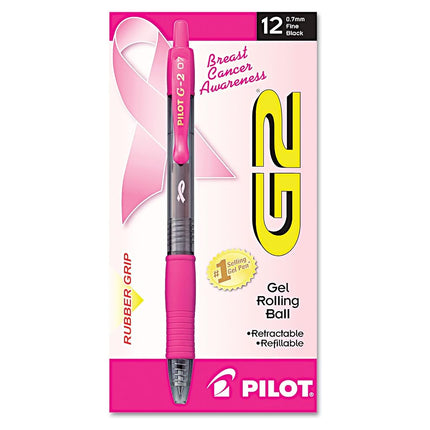 Pilot G2 Breast Cancer Awareness Pink Pens with Black Ink, Retractable Gel Ink Rolling Ball, Fine Point, Dozen Box -31332