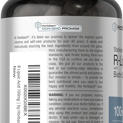R Lipoic Acid 100mg Stabilized | 90 Capsules | Plus Biotin Optimizer | Non-GMO, Gluten Free | RALA Supplement | by Horbaach