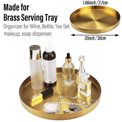 FREELOVE Gold Serving Tray, 12 in. Round Tray Stainless Steel Platter Bathroom Sink Vanity Trays Cosmetics Jewelry Organizer Towel Tray Tea Tray Decorative Tray (Brass, Round 12 inch)