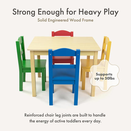 Humble Crew Kids Wooden Table and 4 Chairs Set for Children and Toddlers - Square Activity Table & Chair Set for Arts, Crafts and Snack Time - Natrual Wood/Red/Green/Blue/Yellow