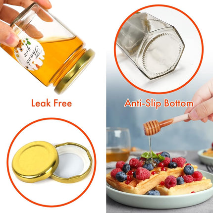 6oz Glass Small Jars with Lids 30Pack, AuroTrends Honey in Bulk for Baby Shower Favors/Wedding Favors -Small Canning Wooden Dippers/Bee Charms/Stickers/Jute Twine (6fl.oz-30Pack) Gold