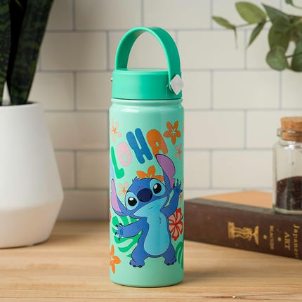 Bouteille d'eau en acier inoxydable Silver Buffalo Disney Lilo et Stitch « Aloha » avec poignée pivotante représentant Stitch, 590 ml