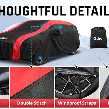 AltoCover Small Car Cover All Weather Protection with Red Stripe Design,Hatchback Car Cover Universal Fit Nissan Leaf, Honda Civic Hatchback, Mazda 3 Hatchback, VW Golf, Toyota Corolla Hatchback