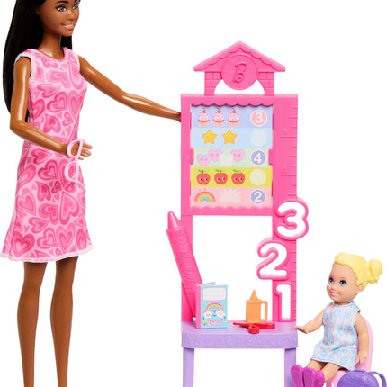 Barbie Careers Teacher Playset with Fashion Doll Wearing Removable Dress, Toddler Small Doll, Classroom Board & Accessories, JMK17