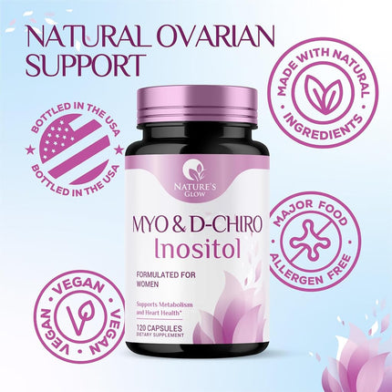 Myo-Inositol & D-Chiro Inositol Blend - Premium 40:1 Ratio - Ovarian Support for Women - Natural Supplement, Vitamin B8, Vegan, and USA Bottled - 120 Capsules