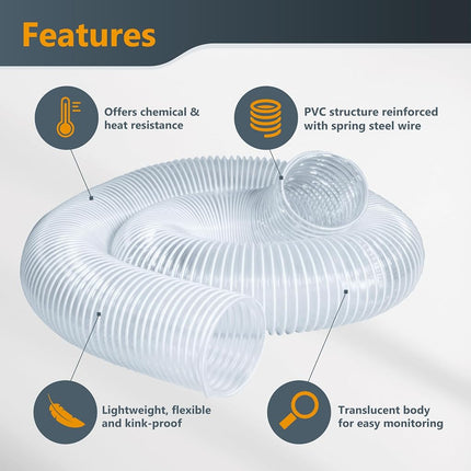 POWERTEC (5 Inch Clear Hos 70220 Dust Collection x 10 Feet) | Flexible View Heavy Duty PVC Hose