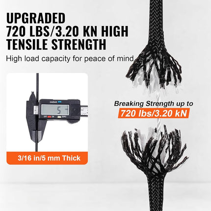 VEVOR Braided Nylon Rope, 3/16 in x 250 ft, 32 Strands, 720 LBS Breaking Strength Outdoor, Arborist Tree Rigging for Rock Hiking Camping ord Swing Rappelling Rescue, Black