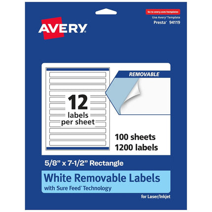 Avery Matte White Removable Rectangle Labels with Sure Feed Technology, Print-to-The-Edge, 5/8" x 7-1/2", 1,200 Removable Labels, Laser/Inkjet Printable Labels