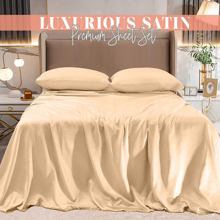 Elegant Comfort Luxurious 4-Piece Silky Satin Sheet Set, Skin and Hair Friendly, Wrinkle, Fade, Stain Resistant with Deep Pockets Fitted Sheet, Cooling Soft Satin Sheet Set, Queen, Champaign