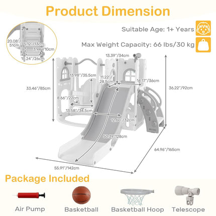 OLAKIDS Toddler Slide and Swing Set, 7 in 1 Kids Indoor Outdoor Playground with Climber Basketball Hoop Telescope Toy Storage for Boys Girls Aged 1+