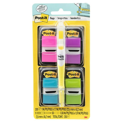 Post-it Flags Value Pack, 50/Dispenser, 4 Dispensers/Pack, 1 in Wide, Assorted Bright Colors, Includes FREE Flags + Highlighter (680-PPBGVA)