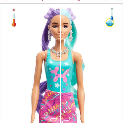 Barbie HBG41 - Color Reveal Balon Lalka zmiana włosów, Glitter Violet zestaw zabaw z 25 fryzur i niespodzianek świątecznych, wiek 3+