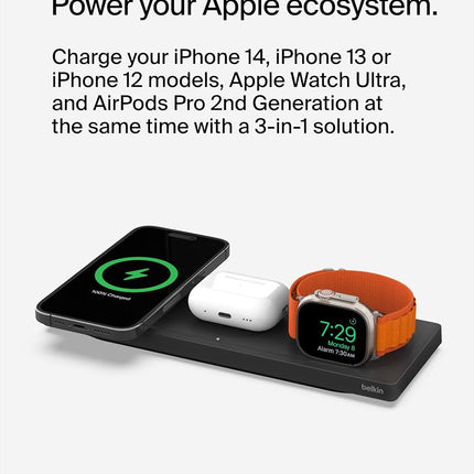 Belkin MagSafe 3-in-1 Wireless Charging Pad - Fast Wireless Charging for Apple Watch, iPhone 14, iPhone 13 & iPhone 12 series, & AirPods - MagSafe Charging Station For Multiple Devices - Black