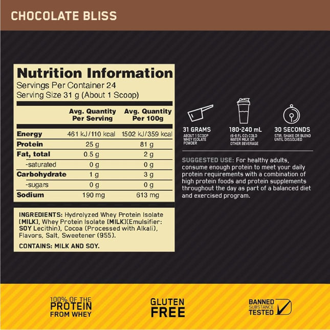 Optimum Nutrition Gold Standard 100% Whey Isolate Protein Powder, Chocolate Flavour, 1.36kg - [packaging may vary]