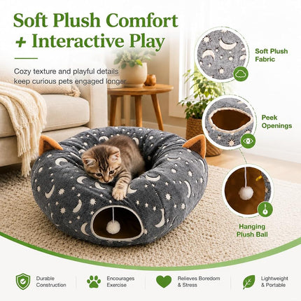 LUCKITTY Cat Tunnel Bed Under Christmas Tree with Plush Ball Toy Playground Crinkle Collapsible Self-Luminous Flannel Fabric 3FT for Large Cats Kittens Kitty Small Animals Puppy Grey Moon Star