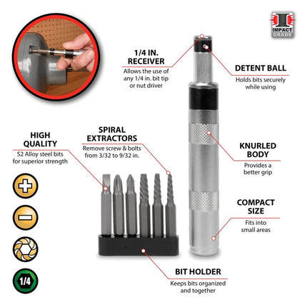 Performance Tool W2503 1/4-Inch Impact Driver & Extractor And Bits, black