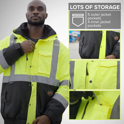 Pioneer Hi Vis 5-in-1 Waterproof Safety Jacket for Men - Convertible to Vest & Black Fleece - Rated to -8°F - ANSI Class 3