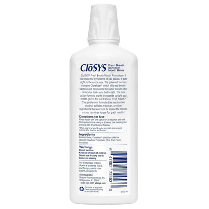 CloSYS Sensitive Antimicrobial Mouthwash, 32 Ounce, Gentle Mint, Alcohol Free, Dye Free, pH Balanced, Helps Soothe Mouth Sensitivity, Kills Germs That Cause Bad Breath