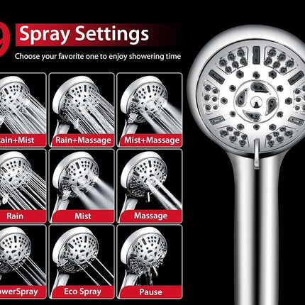 Pommeau de douche GRICH 2.5GPM avec douchette à main combinée : 2 en 1 Pommeaux de douche pluie haute pression et douchette à main, 9 modes/réglages de pulvérisation Pommeau de douche détachable avec tuyau de 60 pouces