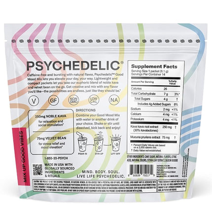 Psychedelic Water Good Mood Mix - Fruit Punch - Powder Packets - Calming Kava Drink Mix - Easy Open Single-Serving - Flavored Kava Powder - Mucuna Pruriens - Stevia - Adaptogen Drink Mix - 14 Stick