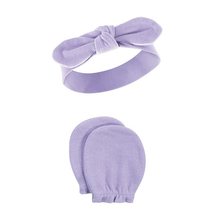 Hudson Baby Baby Girls' Cotton Headband and Scratch Mitten Set, Peacock, 0-6 Month