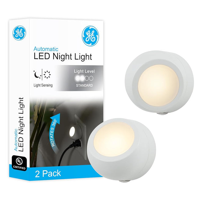 GE White Rotating LED Night Light, 2 Pack, Plug-in, 360� Directional, Dusk-to-Dawn, UL-Listed, Ideal for Bedroom, Bathroom, Nursery, Hallway, 31533