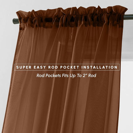Elegant Comfort 2-Piece Sheer Panel with 2inch Rod Pocket - Window Curtains 60-inch Width X 84-inch Length - Chocolate